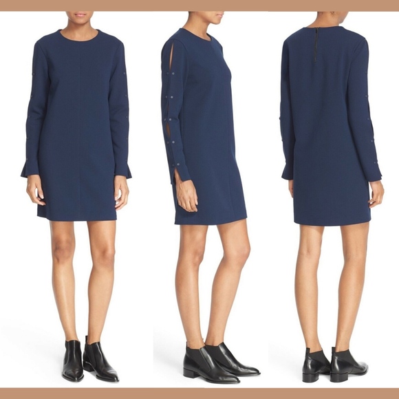 NWT $395‎ tibi Button Sleeve Crepe Shift Dress Midnight Navy [SZ 00 ] - Picture 1 of 7
